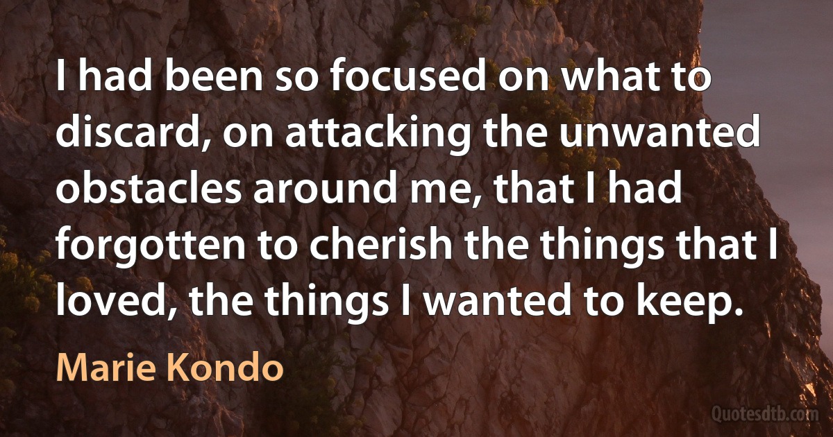 I had been so focused on what to discard, on attacking the unwanted obstacles around me, that I had forgotten to cherish the things that I loved, the things I wanted to keep. (Marie Kondo)