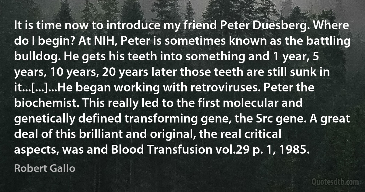 It is time now to introduce my friend Peter Duesberg. Where do I begin? At NIH, Peter is sometimes known as the battling bulldog. He gets his teeth into something and 1 year, 5 years, 10 years, 20 years later those teeth are still sunk in it...[...]...He began working with retroviruses. Peter the biochemist. This really led to the first molecular and genetically defined transforming gene, the Src gene. A great deal of this brilliant and original, the real critical aspects, was and Blood Transfusion vol.29 p. 1, 1985. (Robert Gallo)