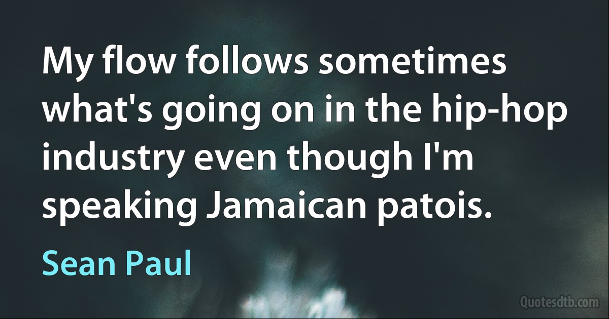 My flow follows sometimes what's going on in the hip-hop industry even though I'm speaking Jamaican patois. (Sean Paul)