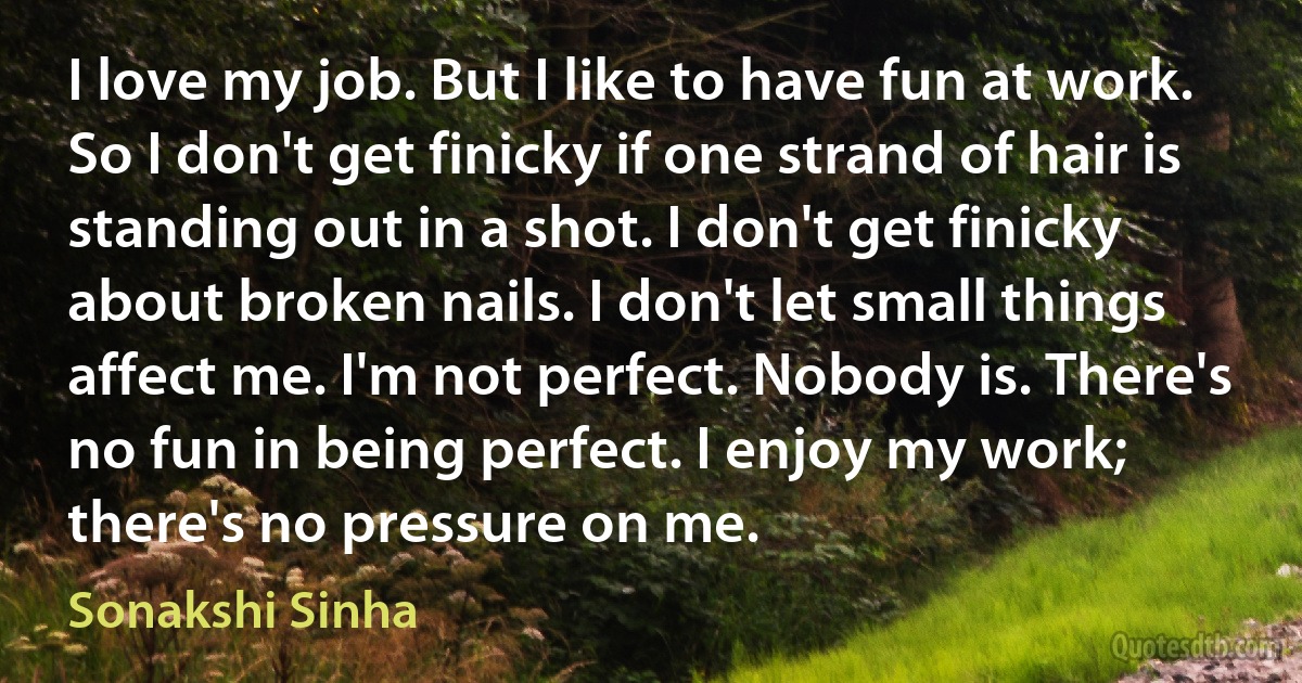 I love my job. But I like to have fun at work. So I don't get finicky if one strand of hair is standing out in a shot. I don't get finicky about broken nails. I don't let small things affect me. I'm not perfect. Nobody is. There's no fun in being perfect. I enjoy my work; there's no pressure on me. (Sonakshi Sinha)