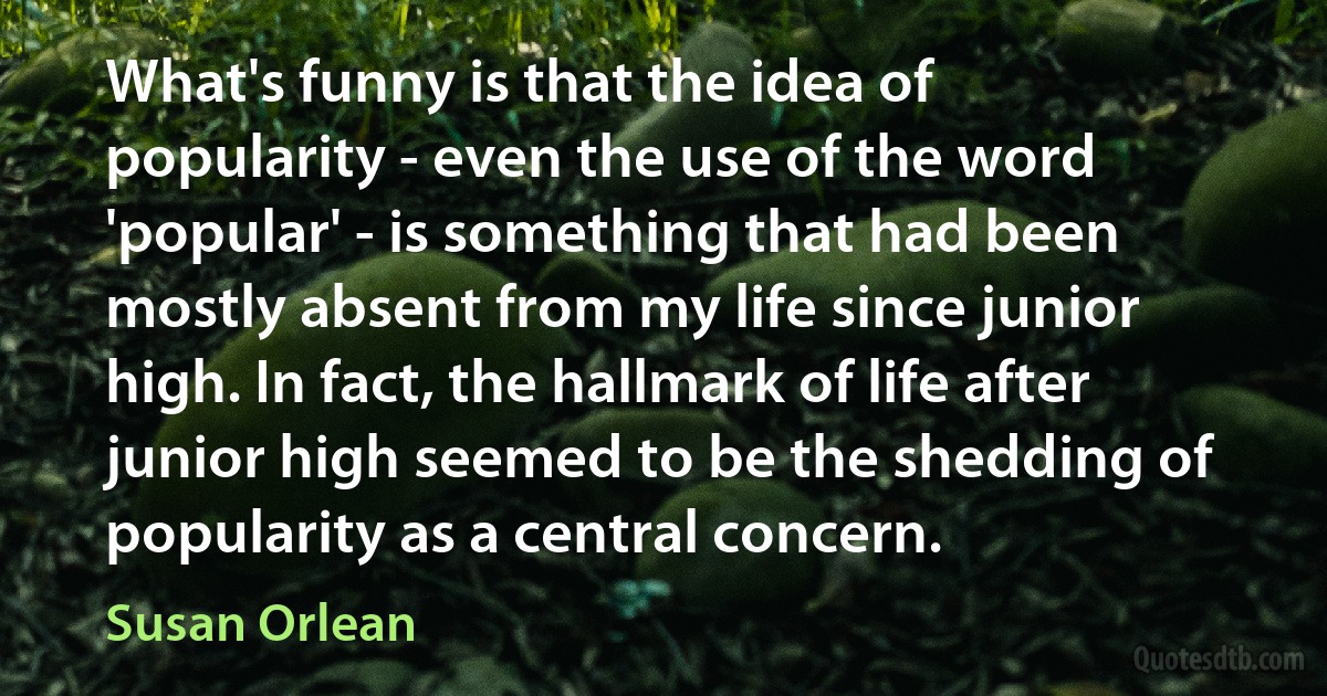 What's funny is that the idea of popularity - even the use of the word 'popular' - is something that had been mostly absent from my life since junior high. In fact, the hallmark of life after junior high seemed to be the shedding of popularity as a central concern. (Susan Orlean)