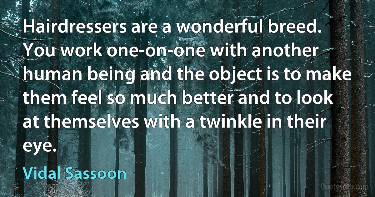 Hairdressers are a wonderful breed. You work one-on-one with another human being and the object is to make them feel so much better and to look at themselves with a twinkle in their eye. (Vidal Sassoon)