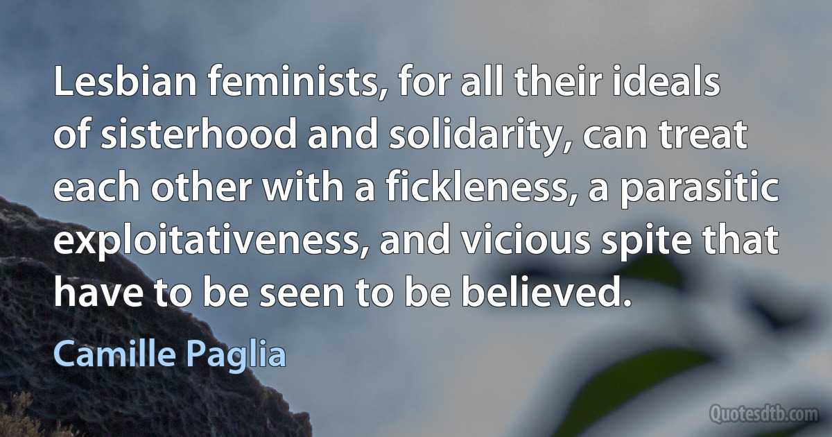 Lesbian feminists, for all their ideals of sisterhood and solidarity, can treat each other with a fickleness, a parasitic exploitativeness, and vicious spite that have to be seen to be believed. (Camille Paglia)