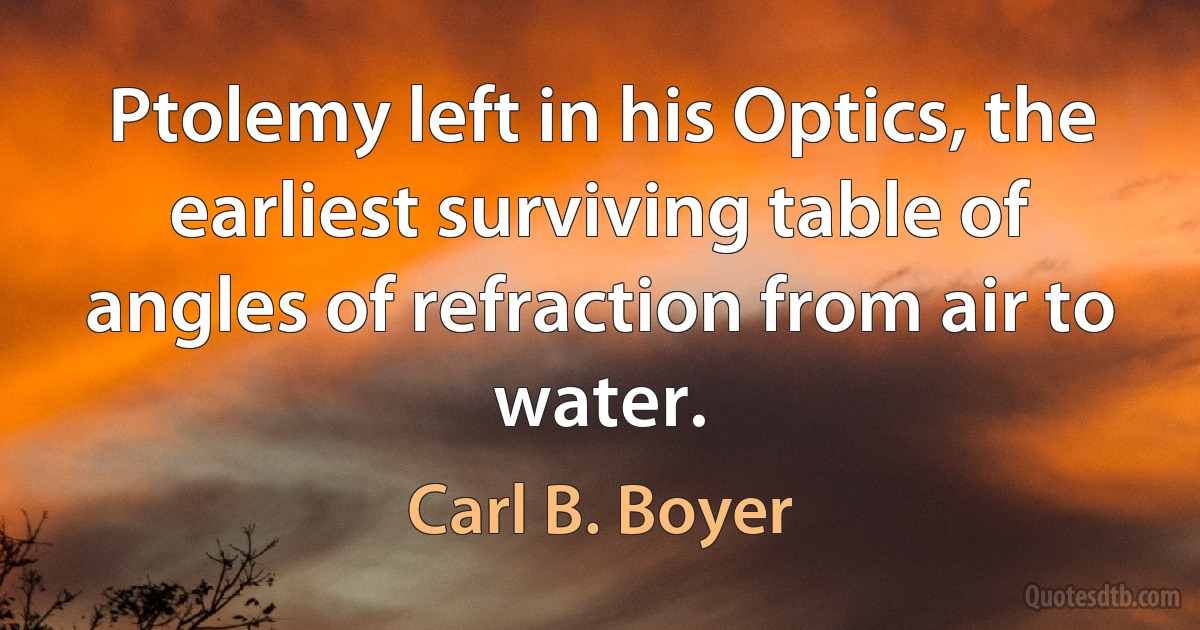 Ptolemy left in his Optics, the earliest surviving table of angles of refraction from air to water. (Carl B. Boyer)