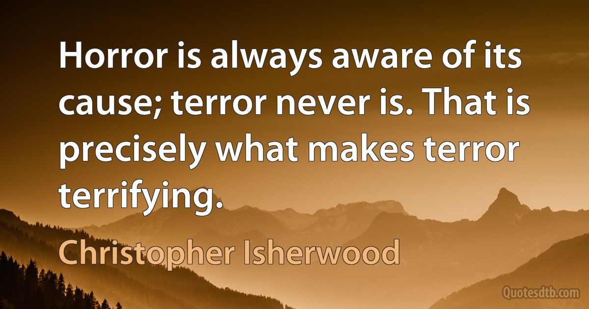 Horror is always aware of its cause; terror never is. That is precisely what makes terror terrifying. (Christopher Isherwood)