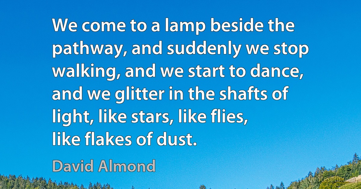 We come to a lamp beside the pathway, and suddenly we stop walking, and we start to dance, and we glitter in the shafts of light, like stars, like flies, like flakes of dust. (David Almond)