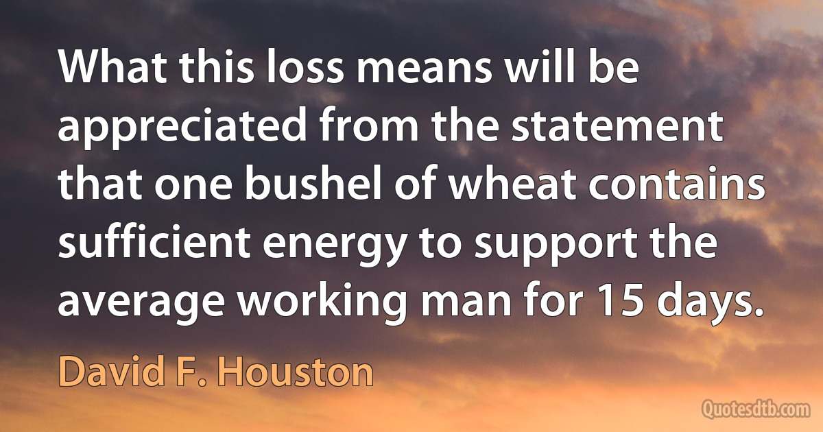 What this loss means will be appreciated from the statement that one bushel of wheat contains sufficient energy to support the average working man for 15 days. (David F. Houston)