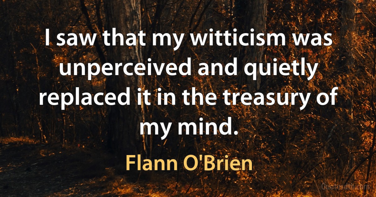 I saw that my witticism was unperceived and quietly replaced it in the treasury of my mind. (Flann O'Brien)