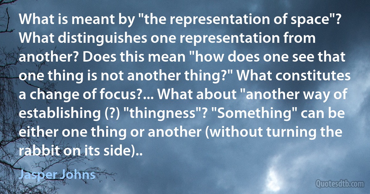 What is meant by "the representation of space"? What distinguishes one representation from another? Does this mean "how does one see that one thing is not another thing?" What constitutes a change of focus?... What about "another way of establishing (?) "thingness"? "Something" can be either one thing or another (without turning the rabbit on its side).. (Jasper Johns)