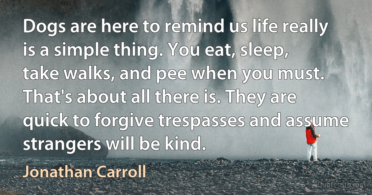 Dogs are here to remind us life really is a simple thing. You eat, sleep, take walks, and pee when you must. That's about all there is. They are quick to forgive trespasses and assume strangers will be kind. (Jonathan Carroll)