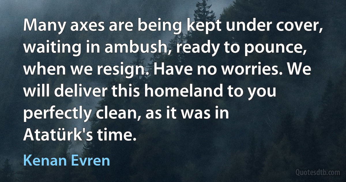 Many axes are being kept under cover, waiting in ambush, ready to pounce, when we resign. Have no worries. We will deliver this homeland to you perfectly clean, as it was in Atatürk's time. (Kenan Evren)