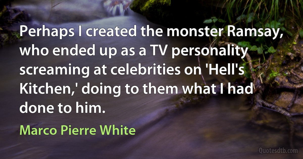 Perhaps I created the monster Ramsay, who ended up as a TV personality screaming at celebrities on 'Hell's Kitchen,' doing to them what I had done to him. (Marco Pierre White)