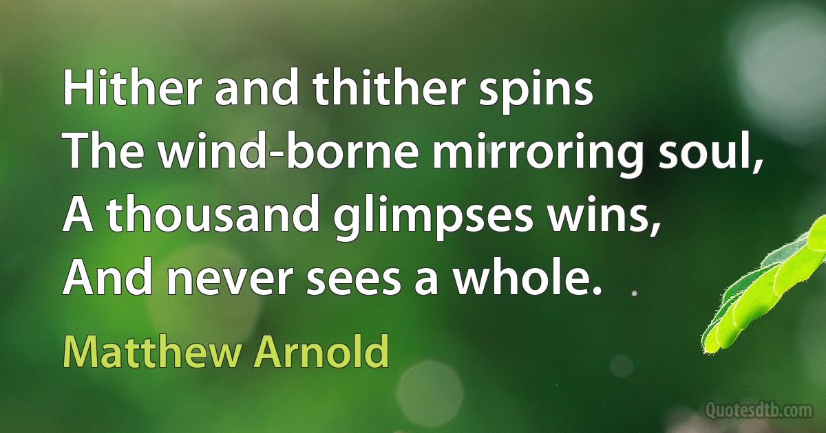 Hither and thither spins
The wind-borne mirroring soul,
A thousand glimpses wins,
And never sees a whole. (Matthew Arnold)