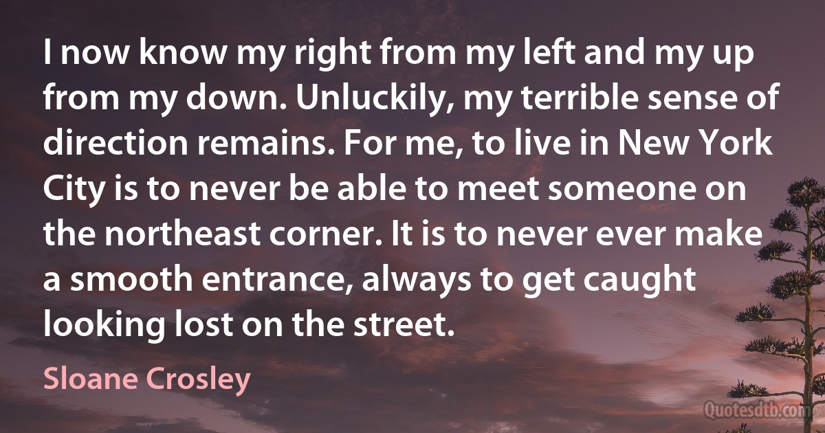 I now know my right from my left and my up from my down. Unluckily, my terrible sense of direction remains. For me, to live in New York City is to never be able to meet someone on the northeast corner. It is to never ever make a smooth entrance, always to get caught looking lost on the street. (Sloane Crosley)