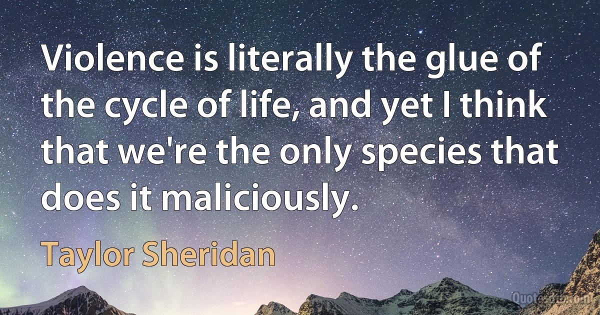 Violence is literally the glue of the cycle of life, and yet I think that we're the only species that does it maliciously. (Taylor Sheridan)