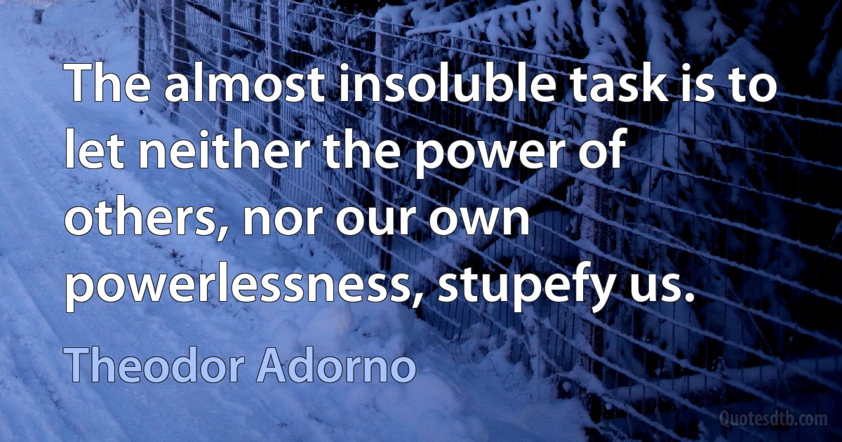 The almost insoluble task is to let neither the power of others, nor our own powerlessness, stupefy us. (Theodor Adorno)