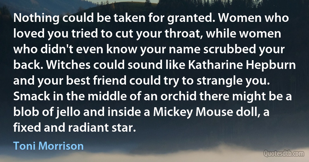 Nothing could be taken for granted. Women who loved you tried to cut your throat, while women who didn't even know your name scrubbed your back. Witches could sound like Katharine Hepburn and your best friend could try to strangle you. Smack in the middle of an orchid there might be a blob of jello and inside a Mickey Mouse doll, a fixed and radiant star. (Toni Morrison)
