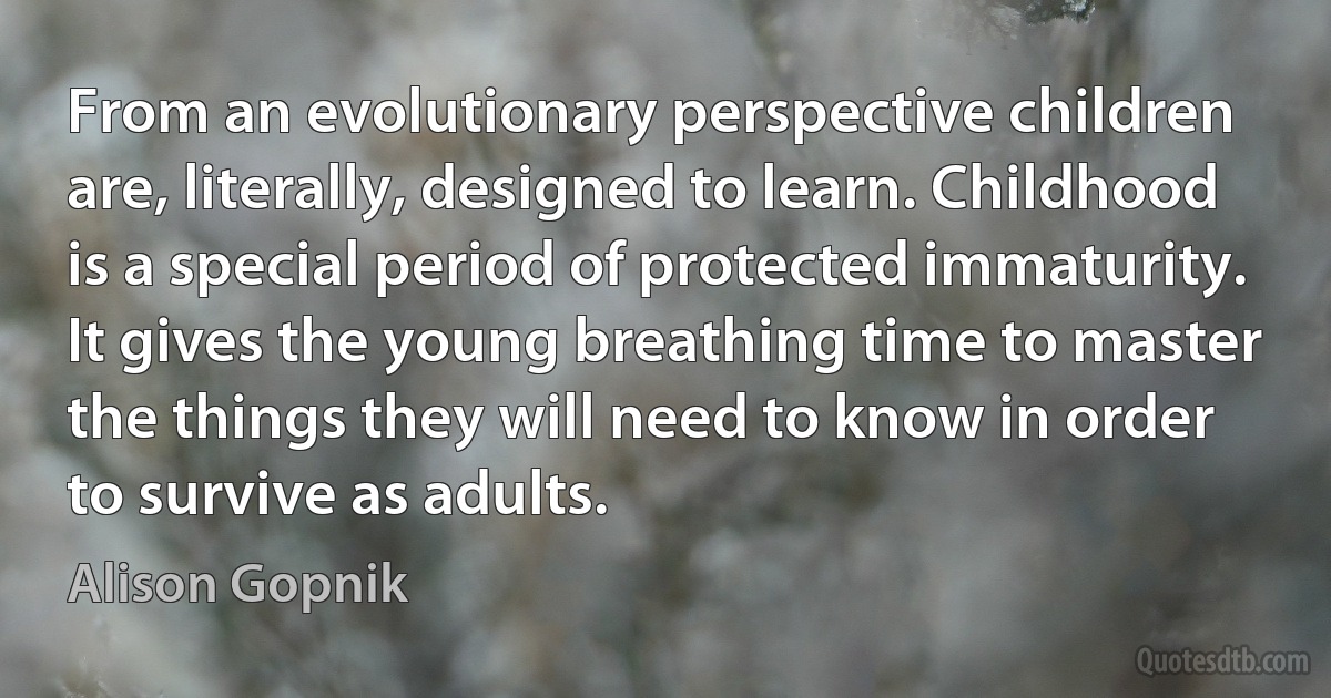 From an evolutionary perspective children are, literally, designed to learn. Childhood is a special period of protected immaturity. It gives the young breathing time to master the things they will need to know in order to survive as adults. (Alison Gopnik)