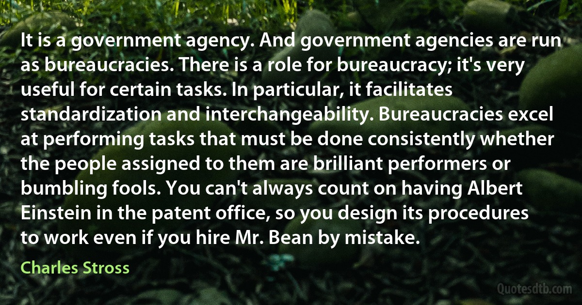 It is a government agency. And government agencies are run as bureaucracies. There is a role for bureaucracy; it's very useful for certain tasks. In particular, it facilitates standardization and interchangeability. Bureaucracies excel at performing tasks that must be done consistently whether the people assigned to them are brilliant performers or bumbling fools. You can't always count on having Albert Einstein in the patent office, so you design its procedures to work even if you hire Mr. Bean by mistake. (Charles Stross)