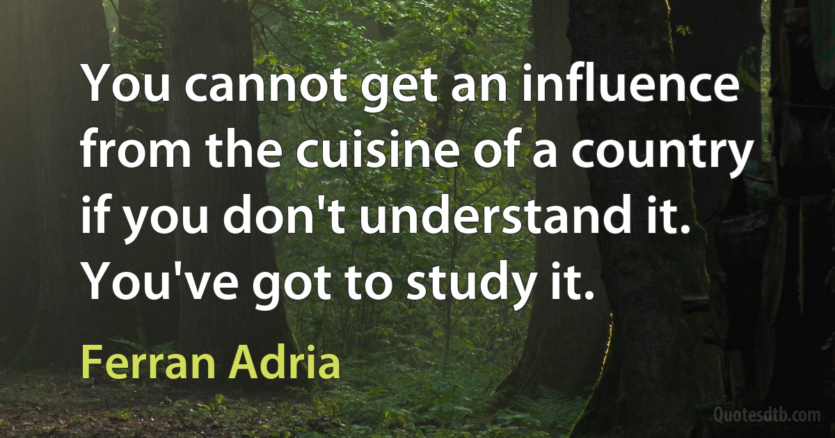 You cannot get an influence from the cuisine of a country if you don't understand it. You've got to study it. (Ferran Adria)