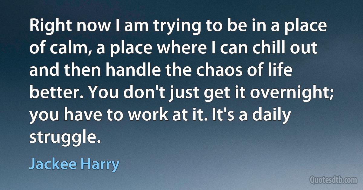 Right now I am trying to be in a place of calm, a place where I can chill out and then handle the chaos of life better. You don't just get it overnight; you have to work at it. It's a daily struggle. (Jackee Harry)