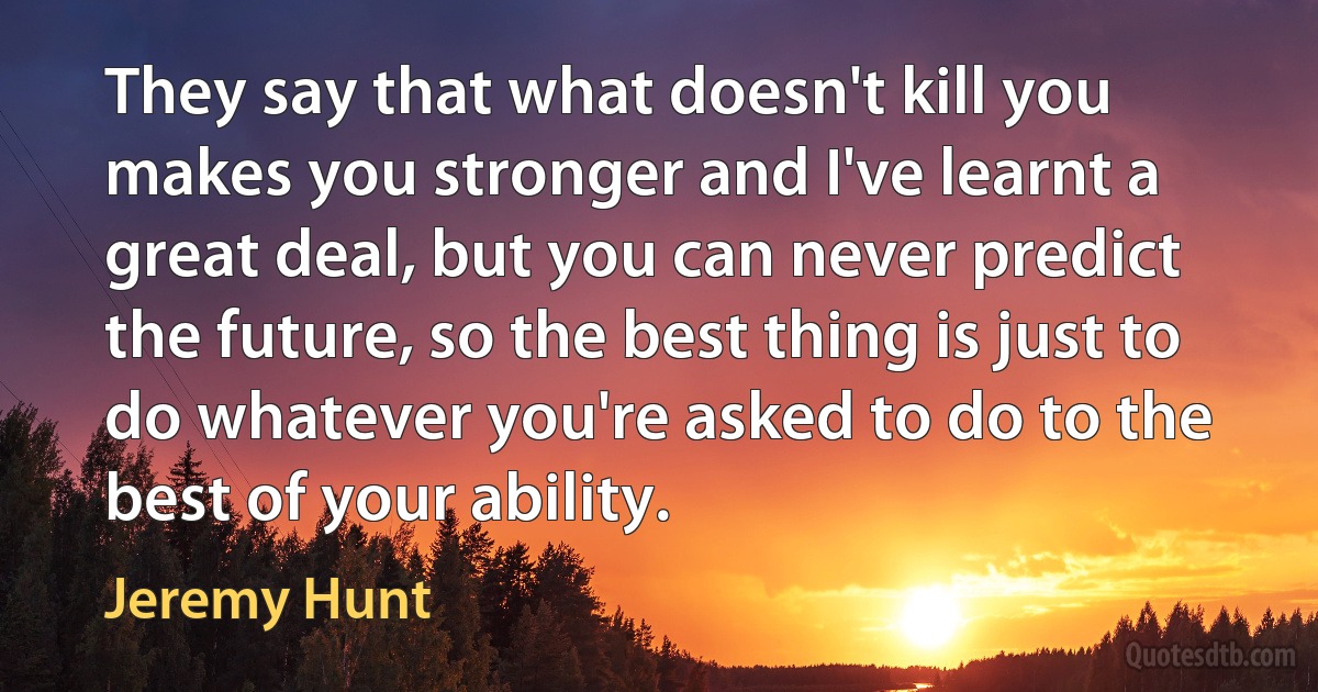 They say that what doesn't kill you makes you stronger and I've learnt a great deal, but you can never predict the future, so the best thing is just to do whatever you're asked to do to the best of your ability. (Jeremy Hunt)