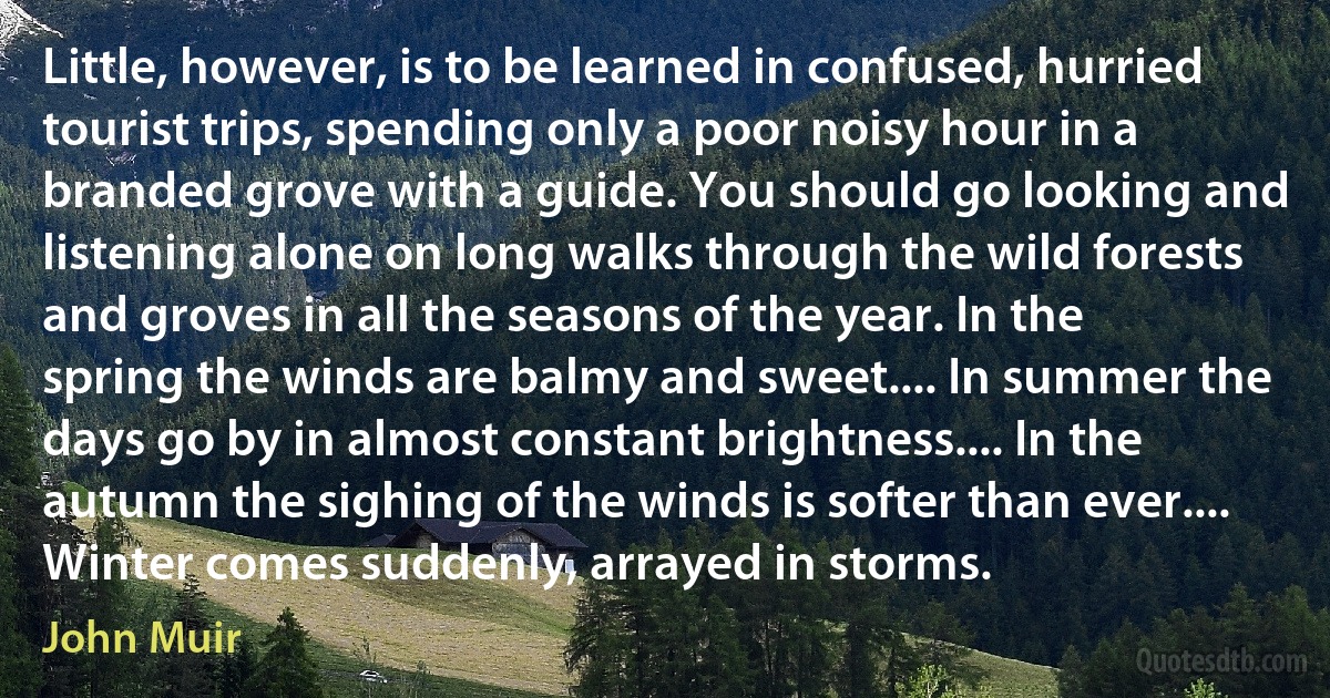 Little, however, is to be learned in confused, hurried tourist trips, spending only a poor noisy hour in a branded grove with a guide. You should go looking and listening alone on long walks through the wild forests and groves in all the seasons of the year. In the spring the winds are balmy and sweet.... In summer the days go by in almost constant brightness.... In the autumn the sighing of the winds is softer than ever.... Winter comes suddenly, arrayed in storms. (John Muir)