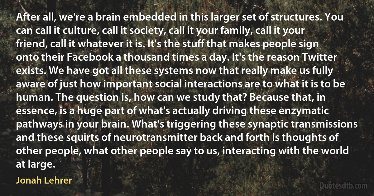 After all, we're a brain embedded in this larger set of structures. You can call it culture, call it society, call it your family, call it your friend, call it whatever it is. It's the stuff that makes people sign onto their Facebook a thousand times a day. It's the reason Twitter exists. We have got all these systems now that really make us fully aware of just how important social interactions are to what it is to be human. The question is, how can we study that? Because that, in essence, is a huge part of what's actually driving these enzymatic pathways in your brain. What's triggering these synaptic transmissions and these squirts of neurotransmitter back and forth is thoughts of other people, what other people say to us, interacting with the world at large. (Jonah Lehrer)