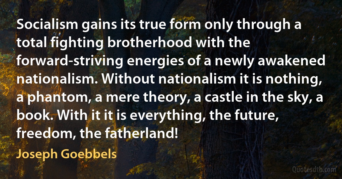 Socialism gains its true form only through a total fighting brotherhood with the forward-striving energies of a newly awakened nationalism. Without nationalism it is nothing, a phantom, a mere theory, a castle in the sky, a book. With it it is everything, the future, freedom, the fatherland! (Joseph Goebbels)