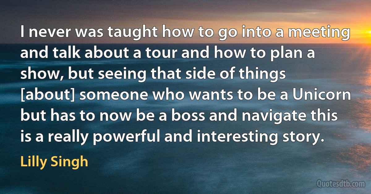 I never was taught how to go into a meeting and talk about a tour and how to plan a show, but seeing that side of things [about] someone who wants to be a Unicorn but has to now be a boss and navigate this is a really powerful and interesting story. (Lilly Singh)