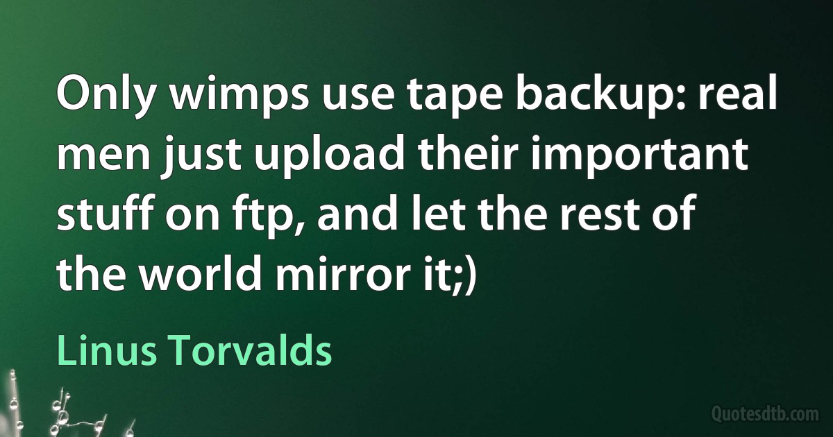 Only wimps use tape backup: real men just upload their important stuff on ftp, and let the rest of the world mirror it;) (Linus Torvalds)