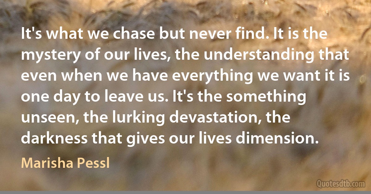 It's what we chase but never find. It is the mystery of our lives, the understanding that even when we have everything we want it is one day to leave us. It's the something unseen, the lurking devastation, the darkness that gives our lives dimension. (Marisha Pessl)