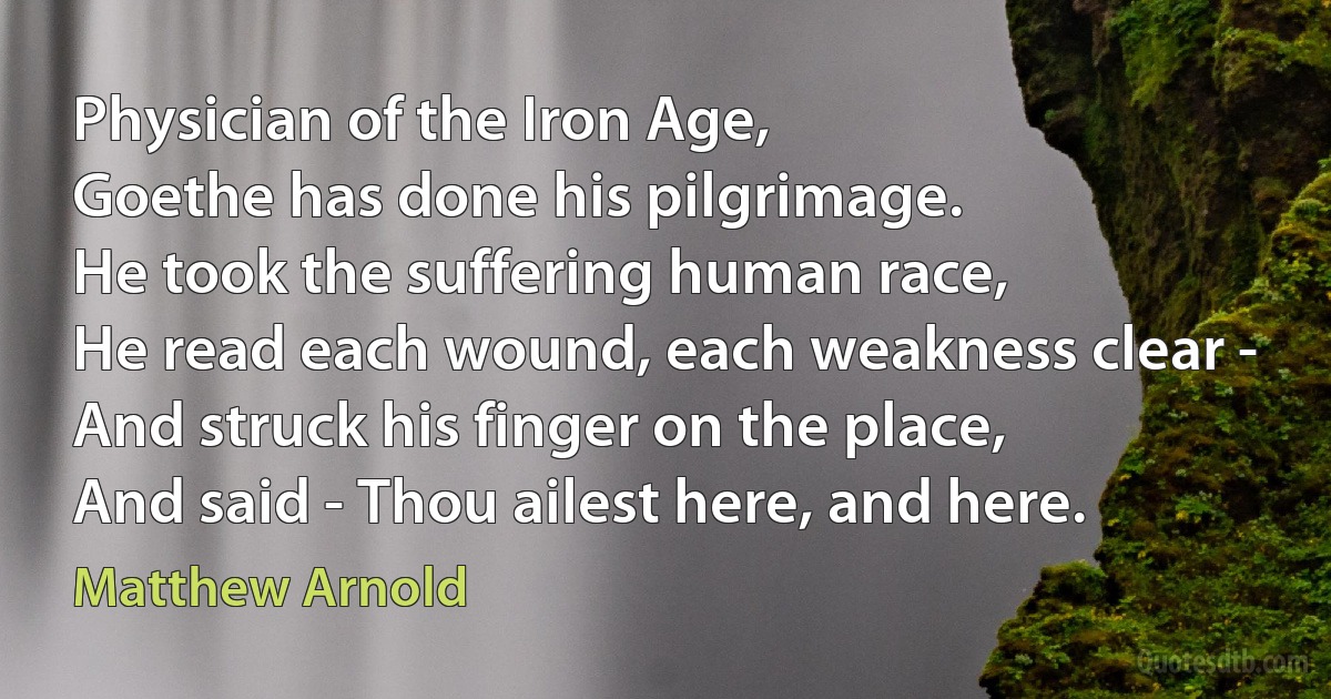 Physician of the Iron Age,
Goethe has done his pilgrimage.
He took the suffering human race,
He read each wound, each weakness clear -
And struck his finger on the place,
And said - Thou ailest here, and here. (Matthew Arnold)