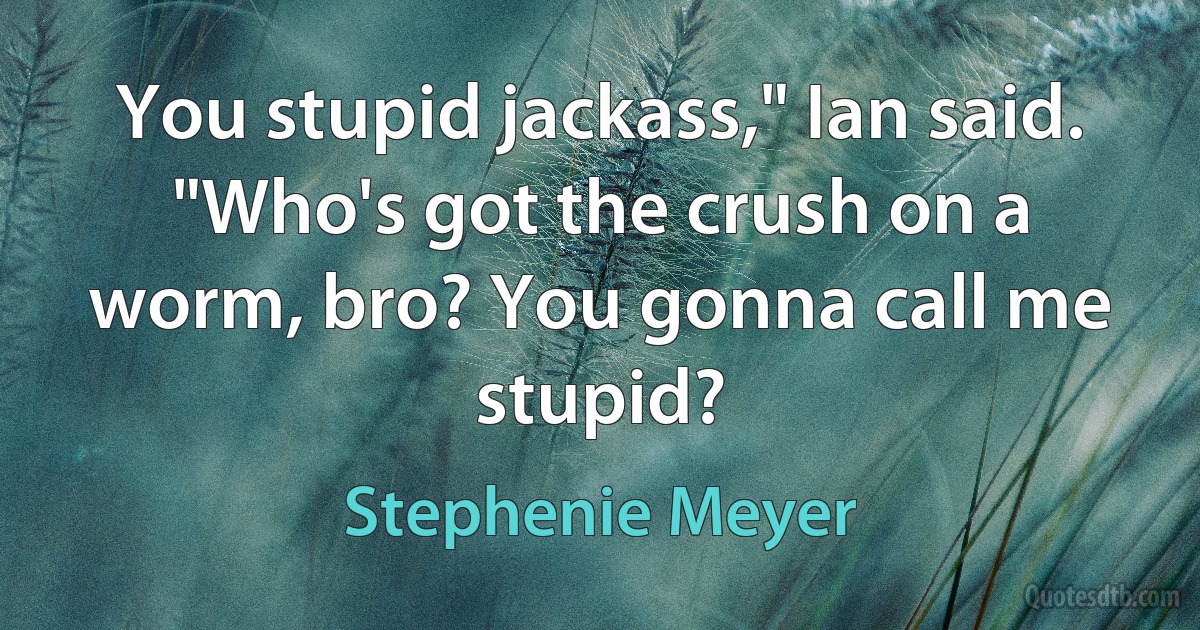 You stupid jackass," Ian said.
"Who's got the crush on a worm, bro? You gonna call me stupid? (Stephenie Meyer)