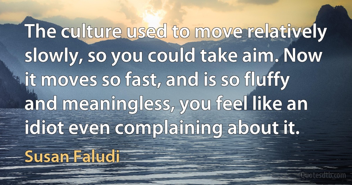 The culture used to move relatively slowly, so you could take aim. Now it moves so fast, and is so fluffy and meaningless, you feel like an idiot even complaining about it. (Susan Faludi)