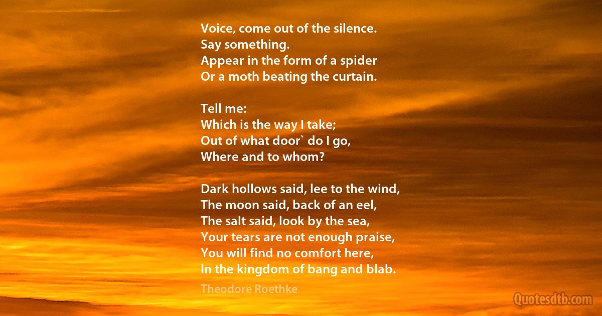 Voice, come out of the silence.
Say something.
Appear in the form of a spider
Or a moth beating the curtain.

Tell me:
Which is the way I take;
Out of what door` do I go,
Where and to whom?

Dark hollows said, lee to the wind,
The moon said, back of an eel,
The salt said, look by the sea,
Your tears are not enough praise,
You will find no comfort here,
In the kingdom of bang and blab. (Theodore Roethke)