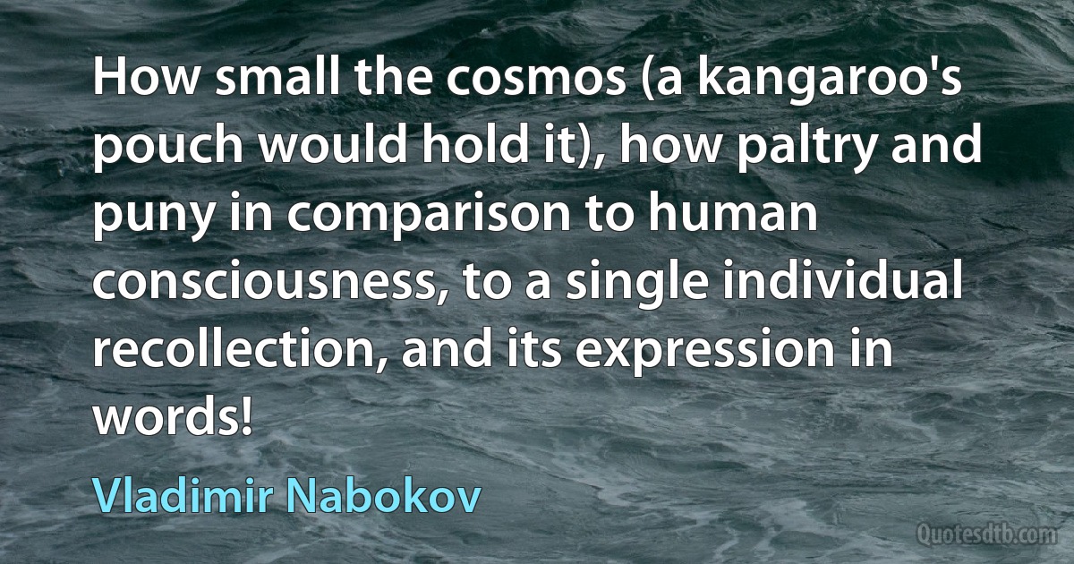 How small the cosmos (a kangaroo's pouch would hold it), how paltry and puny in comparison to human consciousness, to a single individual recollection, and its expression in words! (Vladimir Nabokov)