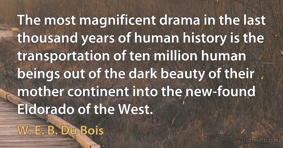 The most magnificent drama in the last thousand years of human history is the transportation of ten million human beings out of the dark beauty of their mother continent into the new-found Eldorado of the West. (W. E. B. Du Bois)