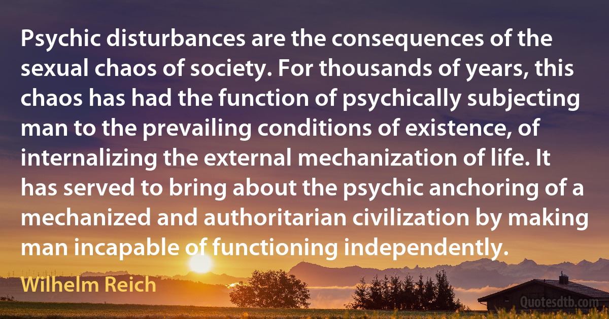 Psychic disturbances are the consequences of the sexual chaos of society. For thousands of years, this chaos has had the function of psychically subjecting man to the prevailing conditions of existence, of internalizing the external mechanization of life. It has served to bring about the psychic anchoring of a mechanized and authoritarian civilization by making man incapable of functioning independently. (Wilhelm Reich)