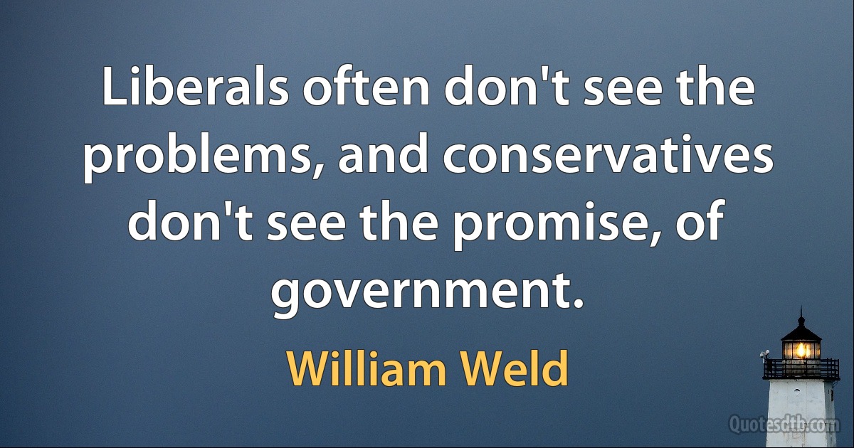 Liberals often don't see the problems, and conservatives don't see the promise, of government. (William Weld)