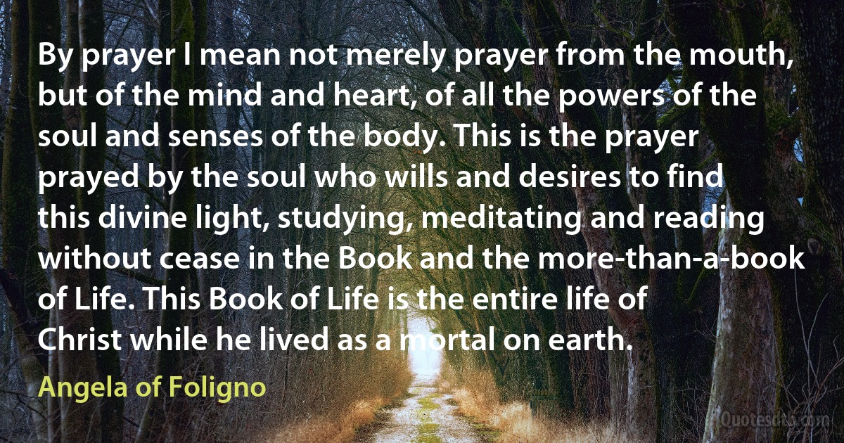 By prayer I mean not merely prayer from the mouth, but of the mind and heart, of all the powers of the soul and senses of the body. This is the prayer prayed by the soul who wills and desires to find this divine light, studying, meditating and reading without cease in the Book and the more-than-a-book of Life. This Book of Life is the entire life of Christ while he lived as a mortal on earth. (Angela of Foligno)