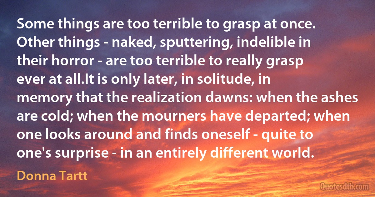 Some things are too terrible to grasp at once. Other things - naked, sputtering, indelible in their horror - are too terrible to really grasp ever at all.It is only later, in solitude, in memory that the realization dawns: when the ashes are cold; when the mourners have departed; when one looks around and finds oneself - quite to one's surprise - in an entirely different world. (Donna Tartt)