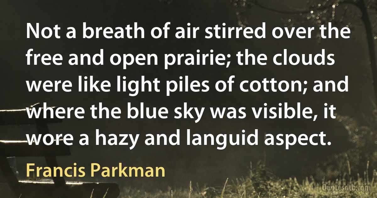 Not a breath of air stirred over the free and open prairie; the clouds were like light piles of cotton; and where the blue sky was visible, it wore a hazy and languid aspect. (Francis Parkman)