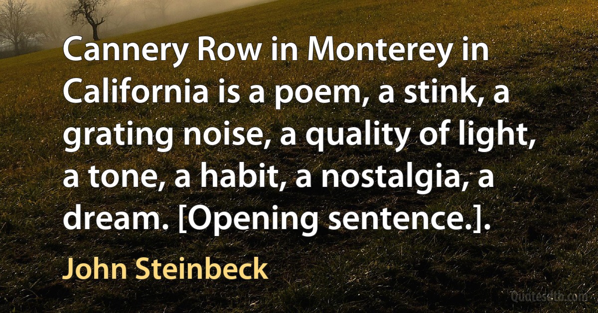 Cannery Row in Monterey in California is a poem, a stink, a grating noise, a quality of light, a tone, a habit, a nostalgia, a dream. [Opening sentence.]. (John Steinbeck)