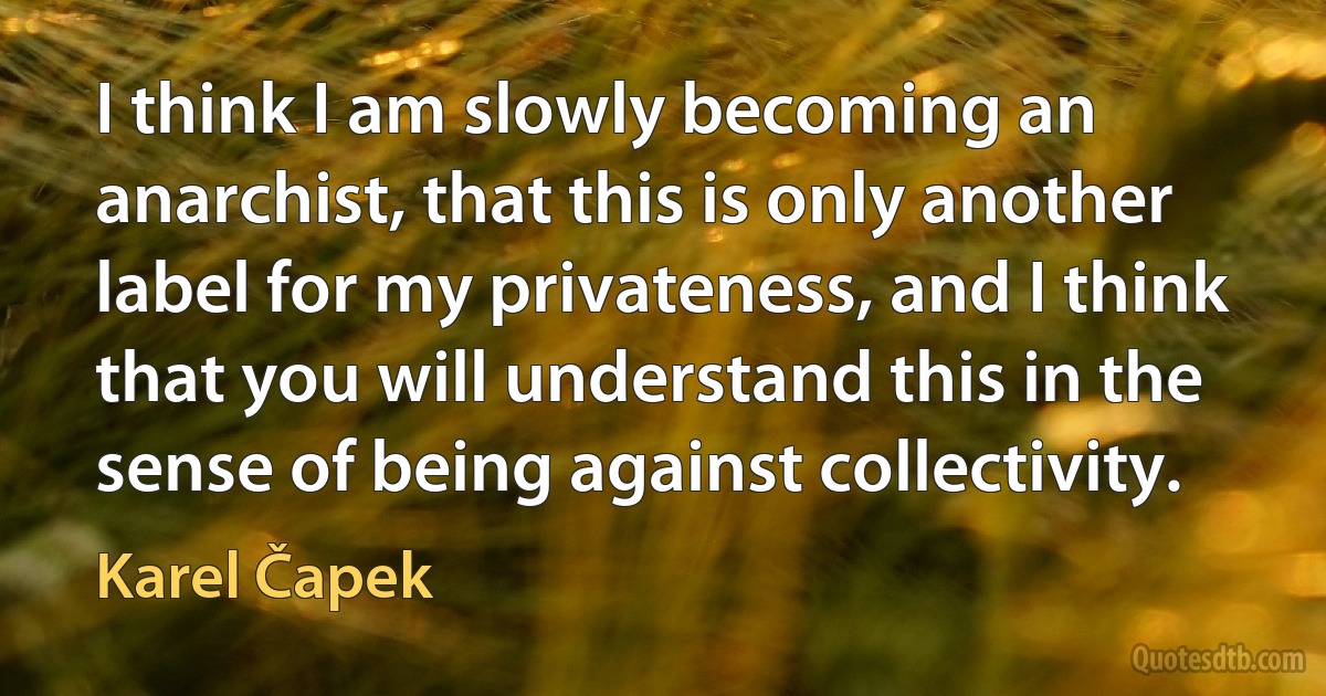 I think I am slowly becoming an anarchist, that this is only another label for my privateness, and I think that you will understand this in the sense of being against collectivity. (Karel Čapek)