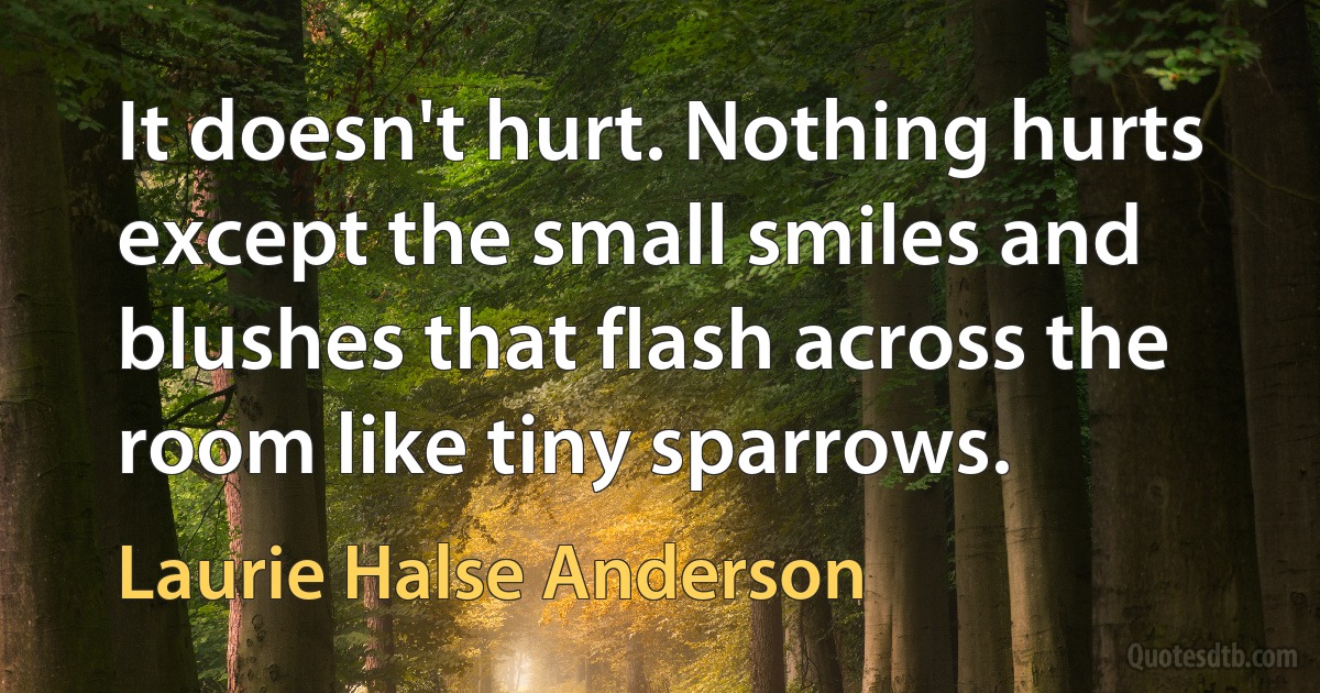 It doesn't hurt. Nothing hurts except the small smiles and blushes that flash across the room like tiny sparrows. (Laurie Halse Anderson)