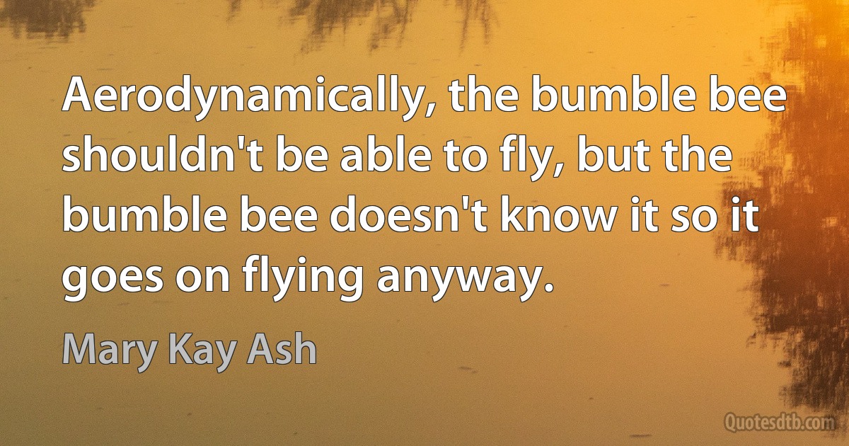 Aerodynamically, the bumble bee shouldn't be able to fly, but the bumble bee doesn't know it so it goes on flying anyway. (Mary Kay Ash)