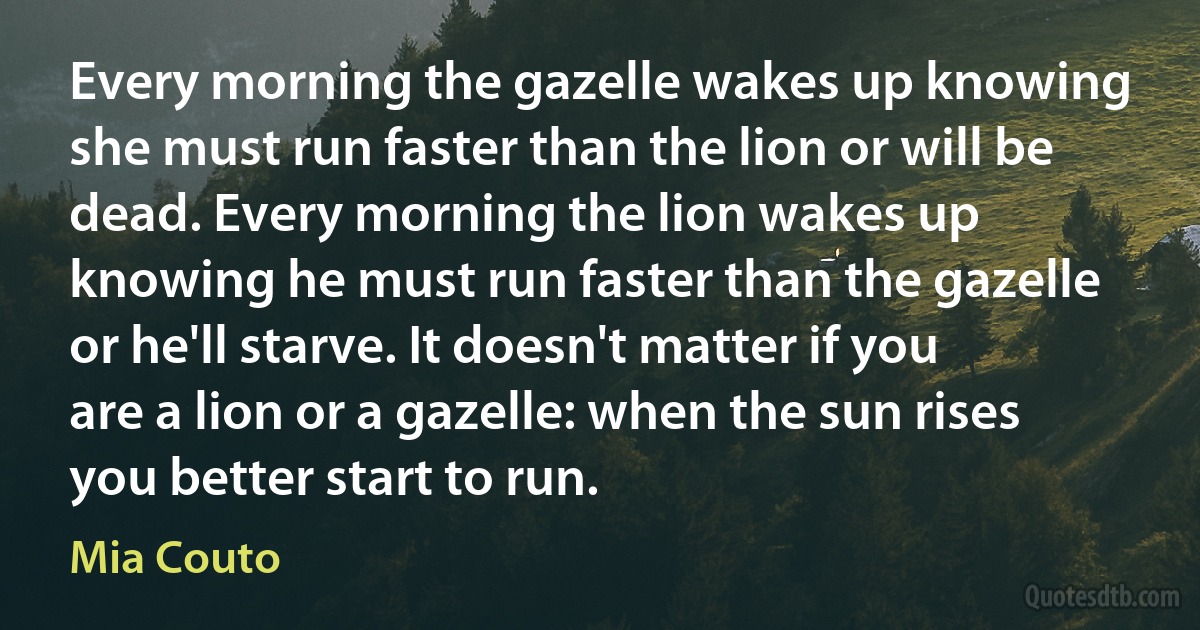 Every morning the gazelle wakes up knowing she must run faster than the lion or will be dead. Every morning the lion wakes up knowing he must run faster than the gazelle or he'll starve. It doesn't matter if you are a lion or a gazelle: when the sun rises you better start to run. (Mia Couto)