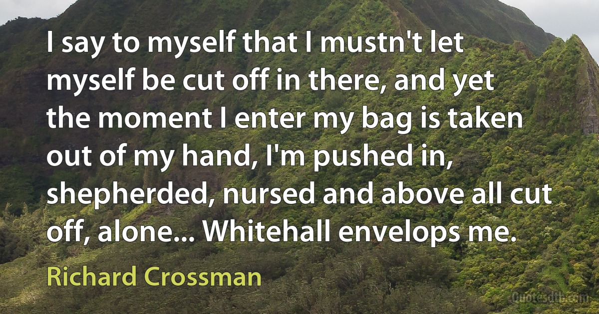 I say to myself that I mustn't let myself be cut off in there, and yet the moment I enter my bag is taken out of my hand, I'm pushed in, shepherded, nursed and above all cut off, alone... Whitehall envelops me. (Richard Crossman)