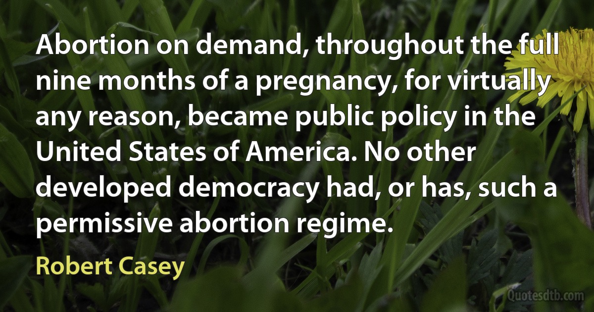 Abortion on demand, throughout the full nine months of a pregnancy, for virtually any reason, became public policy in the United States of America. No other developed democracy had, or has, such a permissive abortion regime. (Robert Casey)